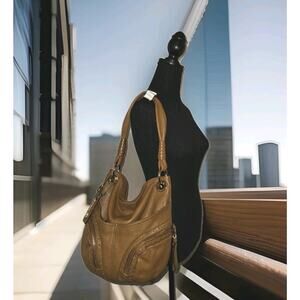 B. Makowsky Brown Soft Leather Hobo Bag Satchel Studded Detail 13x12x7